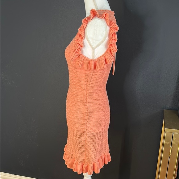 🧶 Mustard Seed Crochet Knit Mini Dress – Coral Ruffle Sleeve – NWT Size L - Picture 4 of 5